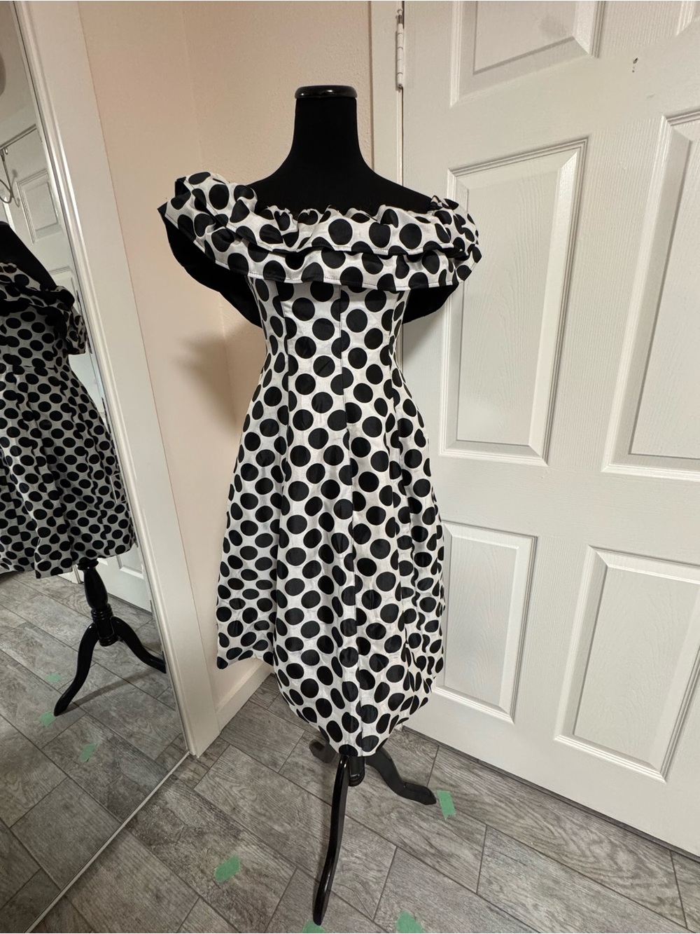 ASOS Black & White Polka Dot Off-Shoulder Midi Dress